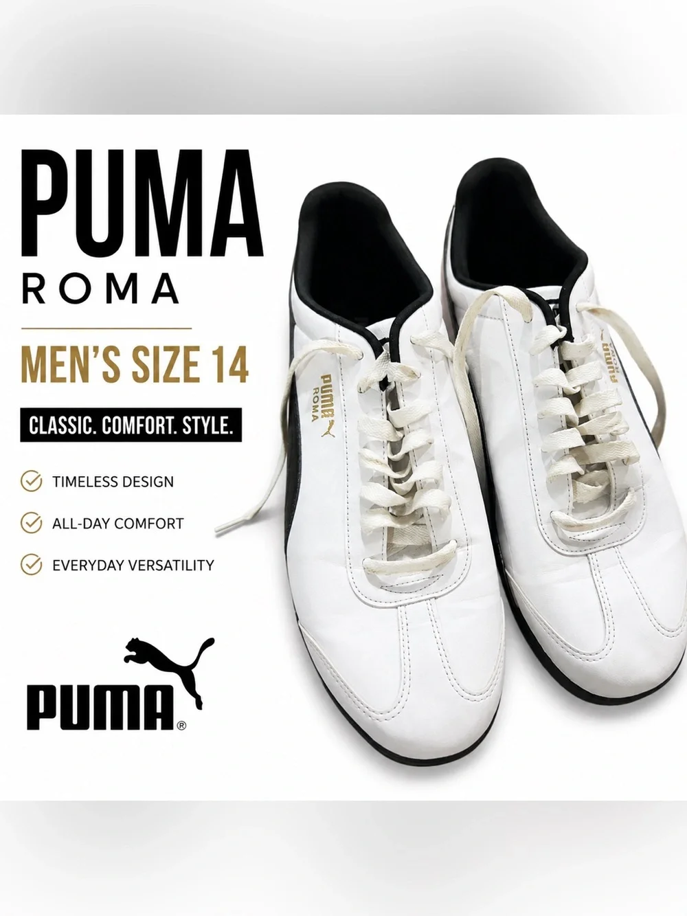 Puma White and Black Roma Men's Sneakers with Gold Logo Size 14